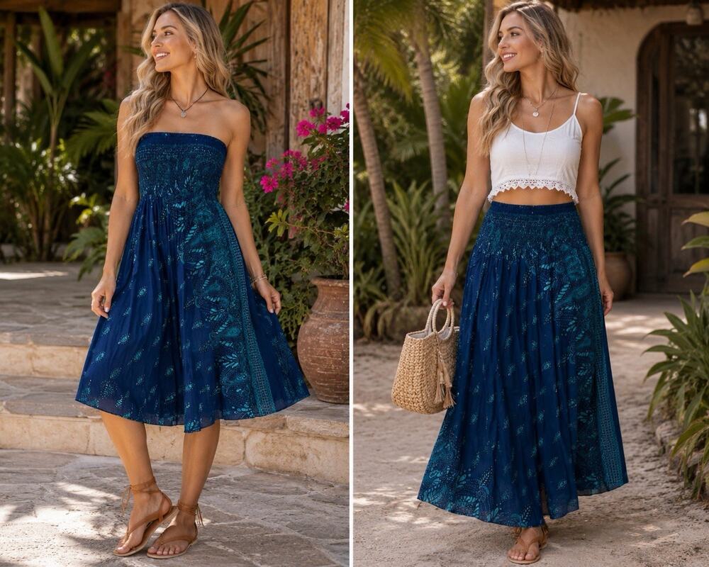 Boho Pants 2-in-1 Convertible Maxi Skirt Dress M Blue NWT